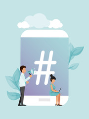 People and big hashtag in phone vector illustration. Hashtagging in smartphone and students. Concept of social media hashtags