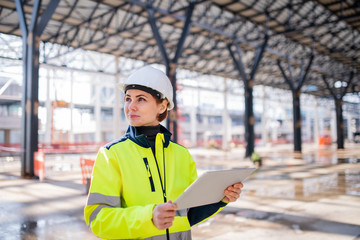 A woman engineer with tablet standing on construction site, working.