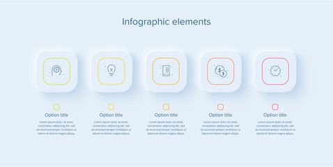 Business process chart infographics with 5 steps in neumorphism design. Sqaure corporate workflow graphic elements. Company flowchart presentation slide template. Vector info graphic.