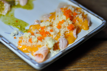 grilled salmon with shrimp oil and shrimp egg