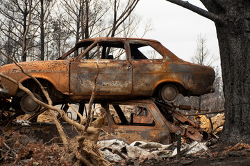 Australian bushfire aftermath: Burnt cars and rubble at Balmoral Village, Australia