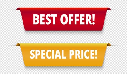 Sale offer tags. Special price label. Sale banners, discount vector badges isolated on transparent background. Illustration advertisement shopping tag, best offer and special price