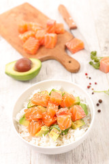 salmon fillet, avocado and rice in bowl