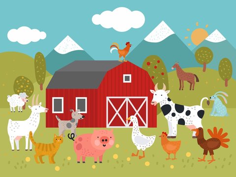 Cartoon farm. Goat, cat and pig, goose and chicken, cow and dog, turkey and rabbit farm building vector illustration. Chicken and goose, cow and pig, farm barnyard