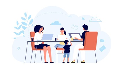 Family with gadgets. Family network concept. Mom, dad kids with laptops and tablets at table together. Internet addiction, online lifes. Illustration family addiction network, social mobile