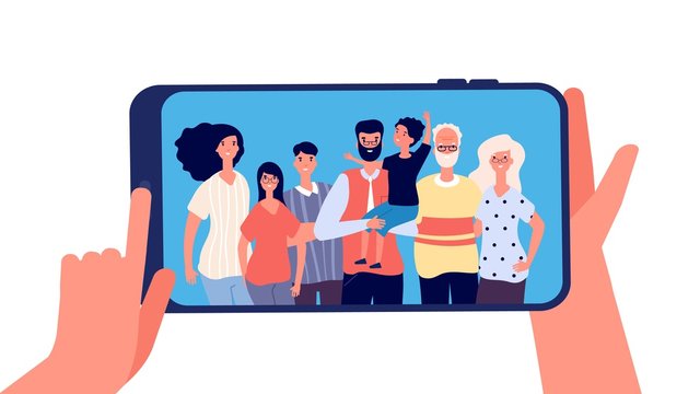 Phone with family photo. Hands holding smartphone with happy smiling grands mother dad kids together. Taking family selfie, memories vector concept. Illustration family smartphone selfie photo