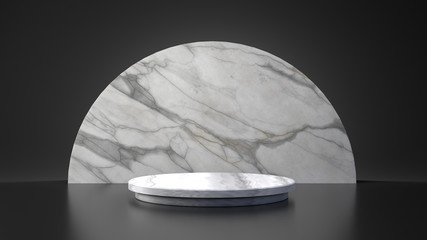 White marble product half moon circle stand on black background. Abstract minimal geometry concept....