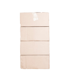 A stack of four cardboard boxes on a white background, concept of buying goods and moving. Postage, isolate