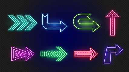 Neon arrows. Bright glowing arrow signs. Outside lights of night bar. Vector lighting directional elements. Illustration arrow colorful for bar night or casino
