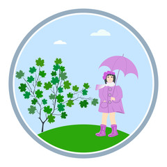 Little girl with umbrella, tree with leaves, clouds - round icon, isolated on white background - vector. Hello spring.