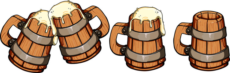 classic wooden beer mug in several variations with and without foam