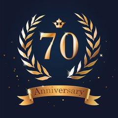 70 Anniversary badge design with laurel, ribbon and crown.