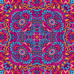 Fototapeta premium Tribal indian flower ethnic seamless design. Festive colorful mandala pattern ornament.
