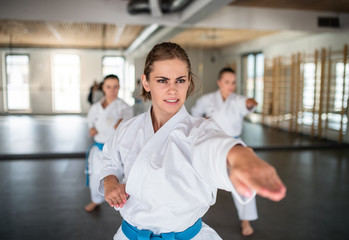 Group of young women practising karate indoors in gym. © Halfpoint