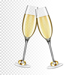 Two glasses of champagne with gold ring, isolated on transparent background.