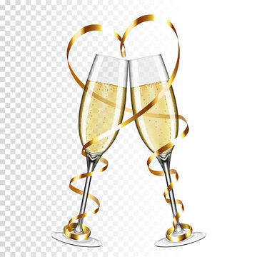 Two glasses of champagne with gold ribbon and ring, isolated on transparent background.