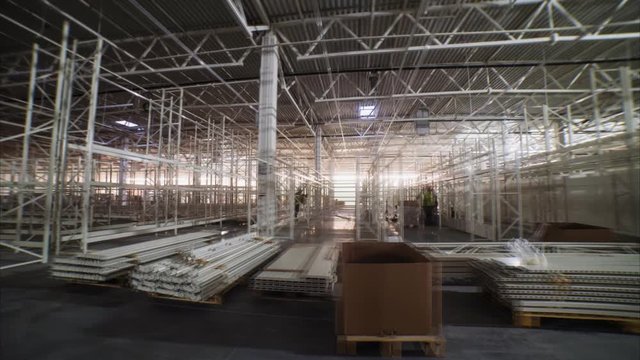 motion past builders installing metal racks in warehouse