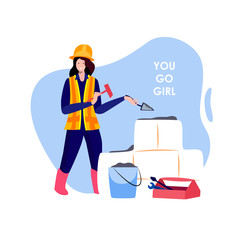 International Woman Day.You Go Girl Text.Foreman Girl Confident Choose Profession.Construction Builder Handyman.Installer put Cement.Female concept