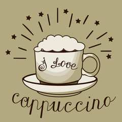 white cup of coffee with foam surrounded by rays of stars on a beige isolated background with the inscription I love cappuccino