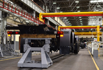 MINSK, BELARUS. JUL 27, 2019: Inside of the Minsk Wheel Tractor Plant VOLAT. Industrial workshop and assembly line for the production of commecical and military trucks, wheel chassis and vehicles