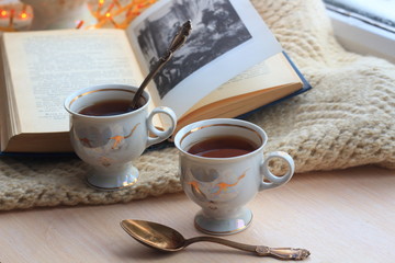 Winter still-life of tea and book
