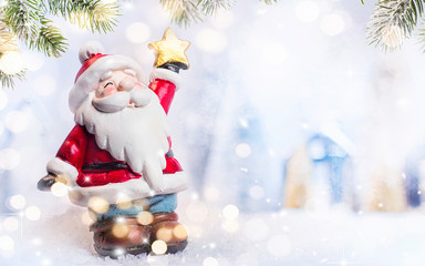 Merry Christmas and Happy New Year, Holidays greeting card with blurred bokeh background