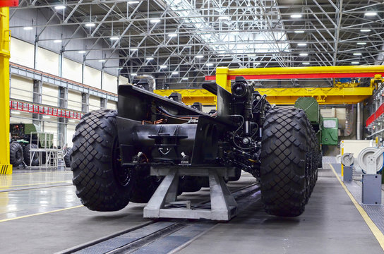 MINSK, BELARUS JUL 27, 2019: Special wheeled chassis MZKT-79221 16x16 on assembly line of the Minsk Wheel Tractor Plant. Auto chassis is used as part of a mobile launcher ICBM complex Topol-M and Yars