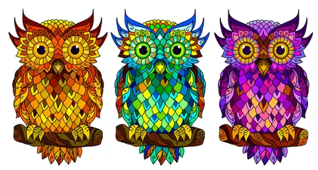 Wall murals Owl Cartoons Owl. Wall sticker. Set of 3 artistic, hand-drawn, decorative multicolored owls on a white background.