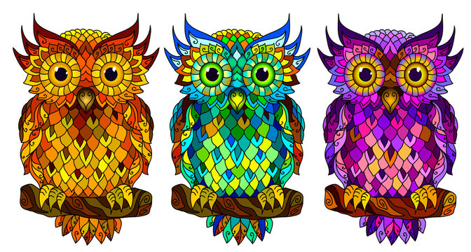 Owl. Wall sticker. Set of 3 artistic, hand-drawn, decorative multicolored owls on a white background.