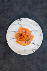 Asparagus salmon tartlets chiffonade, pickled vegetables, creamy creamy