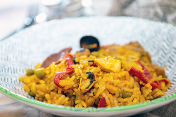 Prawn with rice - closeup of prawn with rice - traditionnal spanish food paella