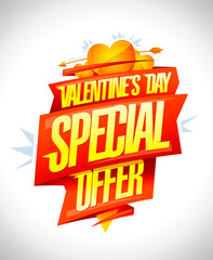 Valentine's day special offer, discounts advertising poster with ribbons
