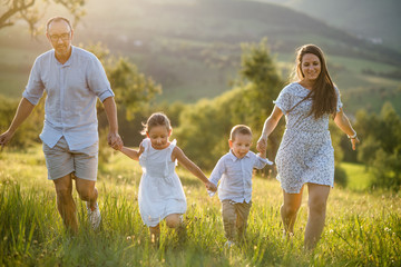 Fototapeta premium Young family with two small children walking on meadow outdoors at sunset.