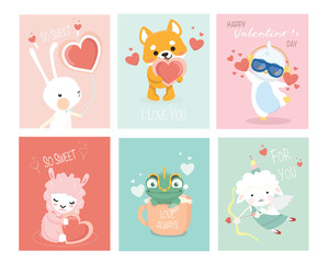 Set of Valentines day cards with cute funny animals.