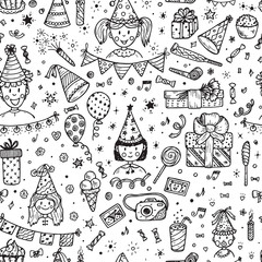 Holiday seamless pattern. Celebratory seamless background. Hand Drawn Doodle children, sweets, bunting flag, balloons, gifts, festive paper caps, festive attributes. Colorful Wallpaper for kids