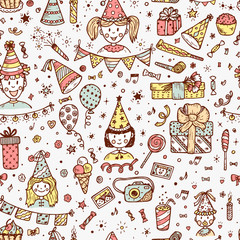 Holiday seamless pattern. Celebratory seamless background. Hand Drawn Doodle children, sweets, bunting flag, balloons, gifts, festive paper caps, festive attributes. Colorful Wallpaper for kids