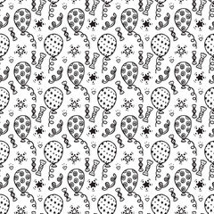 Vector Balloons. Festive attributes. Holiday seamless pattern. Celebratory seamless background. Hand Drawn doodle Balloons, sweets, stars