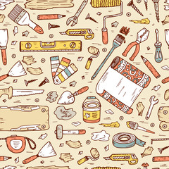 House repair tools vector Seamless pattern. Home improvement icons. Hand Drawn Doodle Tools. Housework.