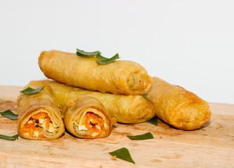 Risoles snack, iconic traditional food from Indonesia. Fried food is one of the popular snacks in Indonesia. Wheat flour contains vegetables with a white background.