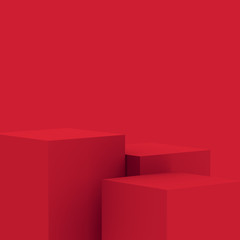 3d red white stage podium scene minimal studio background. Abstract 3d geometric shape object illustration render. Display for chinese new year holiday and merry christmas product.