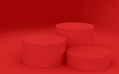 3d red cylinder podium minimal studio background. Abstract 3d geometric shape object illustration render. Display for summer holiday product.