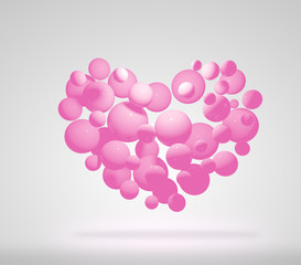 3d pink ball in heart shape on gray white color background. Abstract 3d isolated rendering concept valentines day.