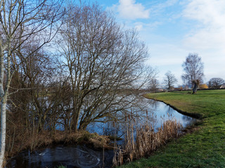 Au bord du lac de Lapeyrouse dans le Puy-de-Dôme entouré de prairie verdoyante et arborée 