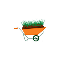 Vector cartoon illustration of the truck with soil and grass. Garden illustration. 