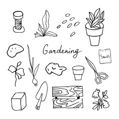 Vector clip art flowers,pots,shovels,seeds, scissors,coil with strings.The collection of illustrations gardening is black on a white isolated background line art.Design for packaging,coloring,web.