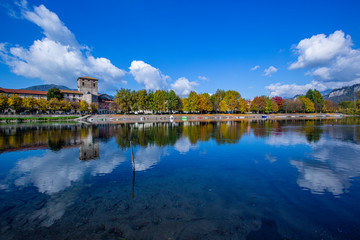 Brivio landscape reflected on the Adda river with the bridge