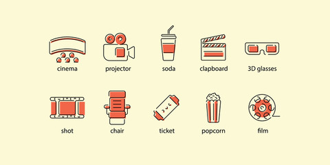 Cinema Line Icons Set. Movie Theater entertainment icons collection. Vector illustration.