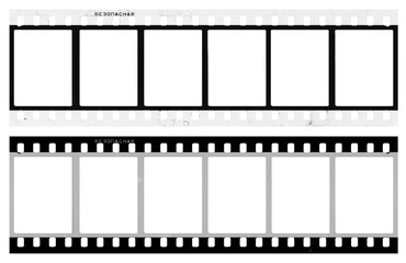 film strip template with frames, empty black and white 135 type (35mm) in negative and positive isolated on white background with work path.