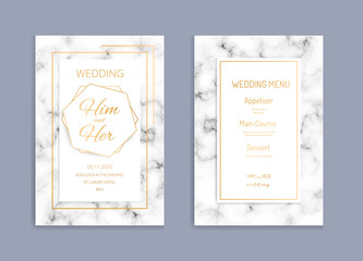 Elegant wedding invitation with marble textured background. Template vector image.