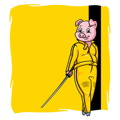 Pig in yellow suit with saber. Character from the movie. Vector illustration